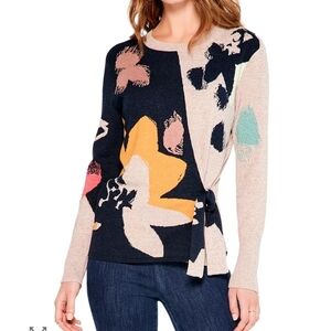 ​Nic + Zoe Abstract Floral Side Tie Sweater PM Petite Medium Navy Pink Tan Wrap